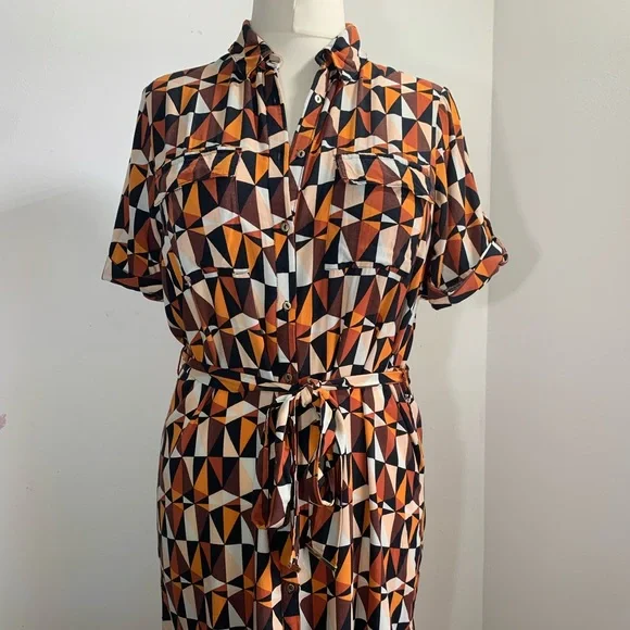 Dorothy Perkins Shirt Dress Orange Black Geometric Print Belted Rolled Sleeve 12 - Picture 3 of 13